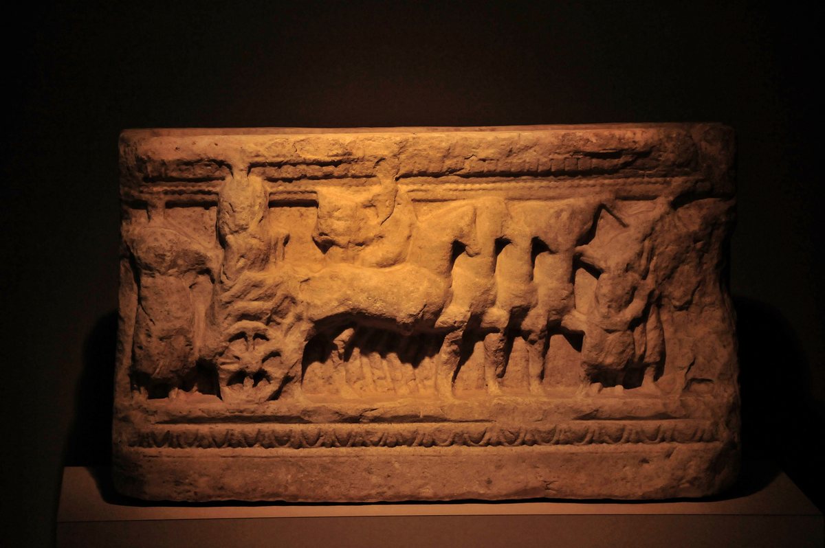 Etruscan stone relief with a horse-drawn chariot, Pietramarina