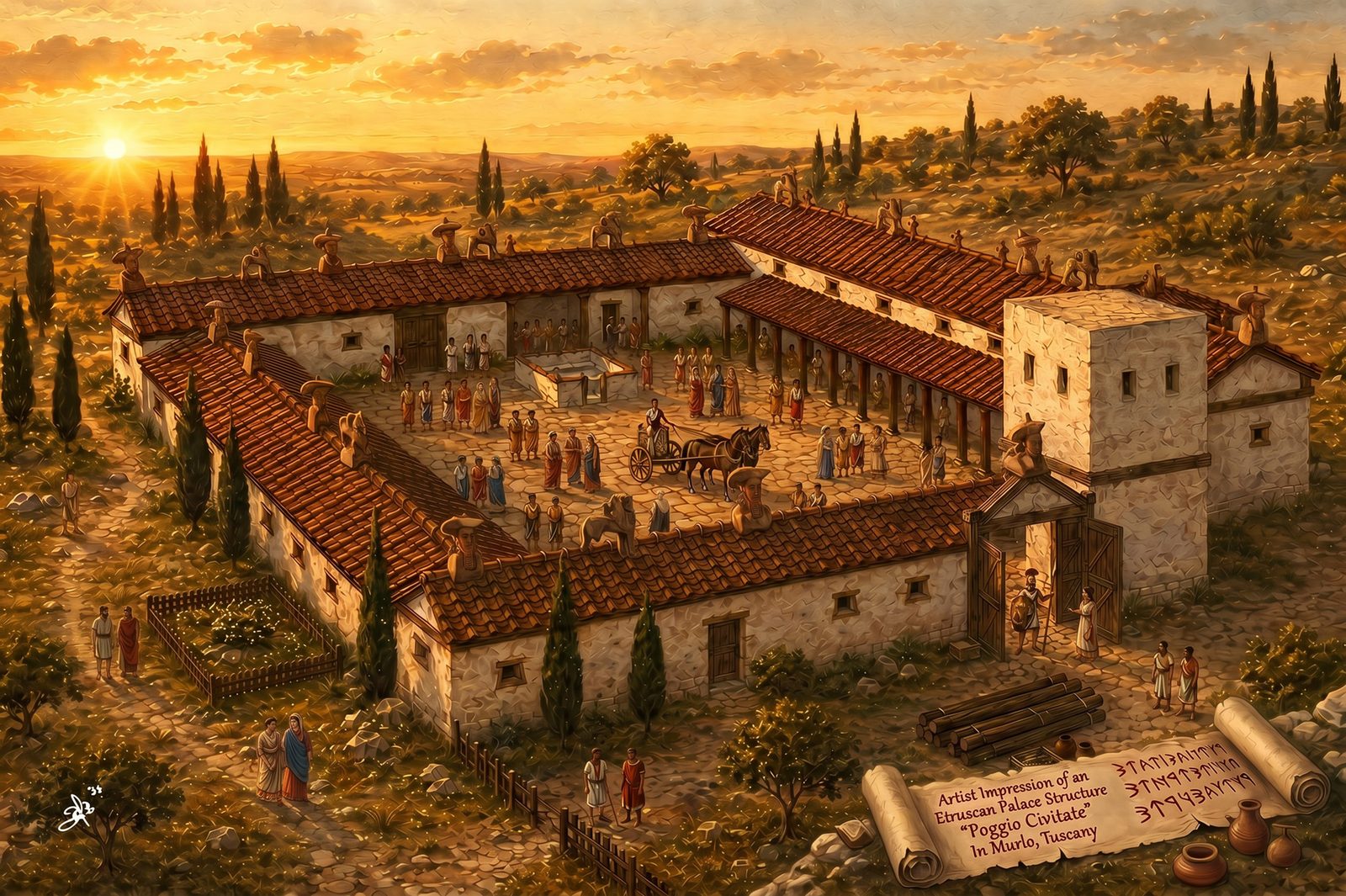 Artist's impression of the Etruscan palace at Poggio Civitate, Murlo, Tuscany — reconstruction by René van Bakel