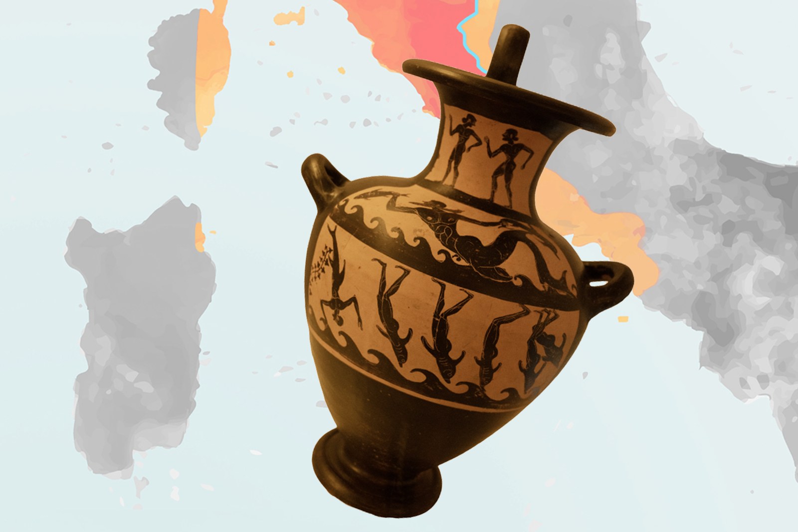 Etruscan hydria with dolphin-men over the Tyrrhenian Sea — Villa Giulia, Rome — © René van Bakel